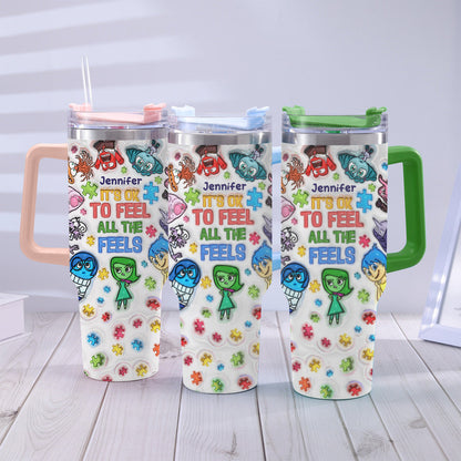 It's Ok To Feel All The Feels - Personalized Autism Awareness Tumbler With Handle