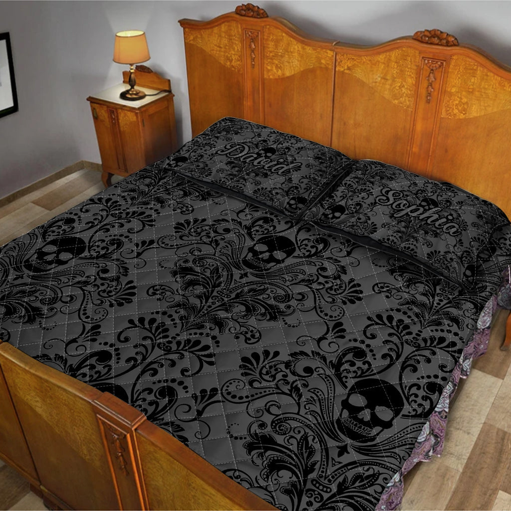 Black & Gray Floral Skull - Personalized Skull Quilt Set