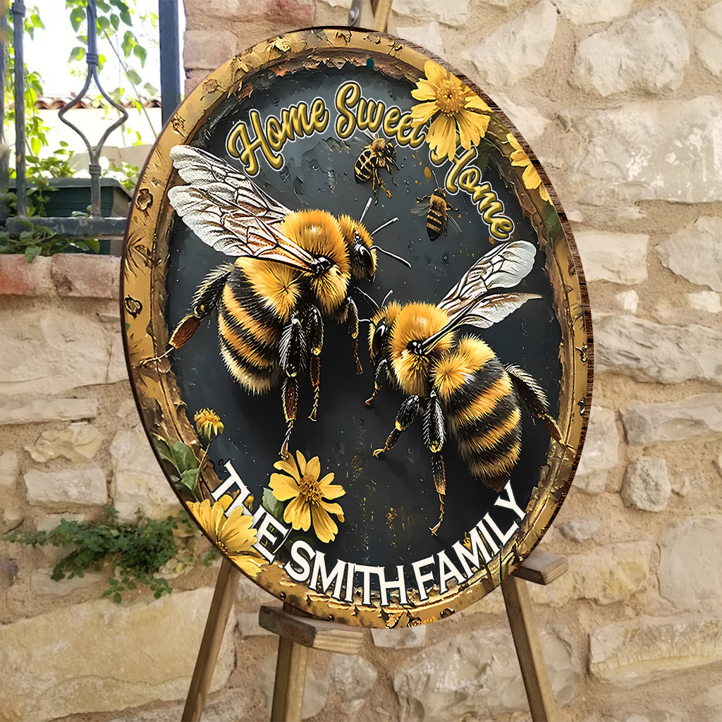 Home Sweet Home - Personalized Bee Round Wood Sign