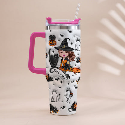 Cute Witch Halloween Ghost Boo Cat - Personalized Witch Tumbler With Handle