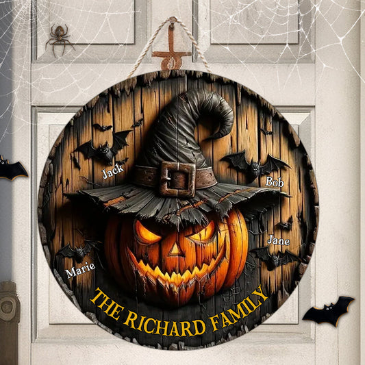 Witch Pumpkin Family - Personalized Family Round Wood Sign