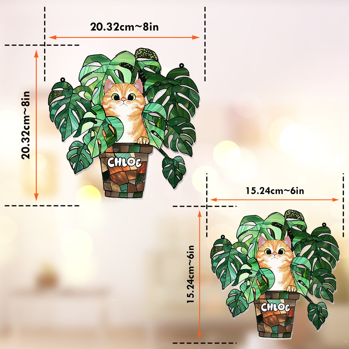 Peeking Cat And Monstera - Personalized Cat Window Hanging Suncatcher Ornament