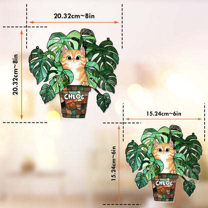 Peeking Cat And Monstera - Personalized Cat Window Hanging Suncatcher Ornament