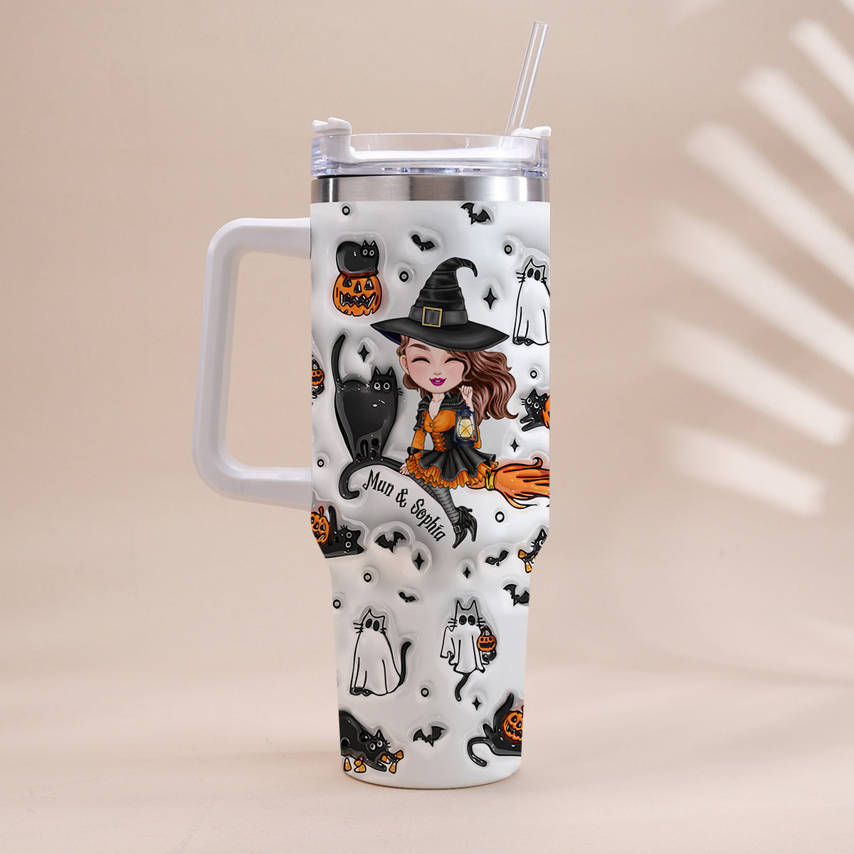 Cute Witch Halloween Ghost Boo Cat - Personalized Witch Tumbler With Handle