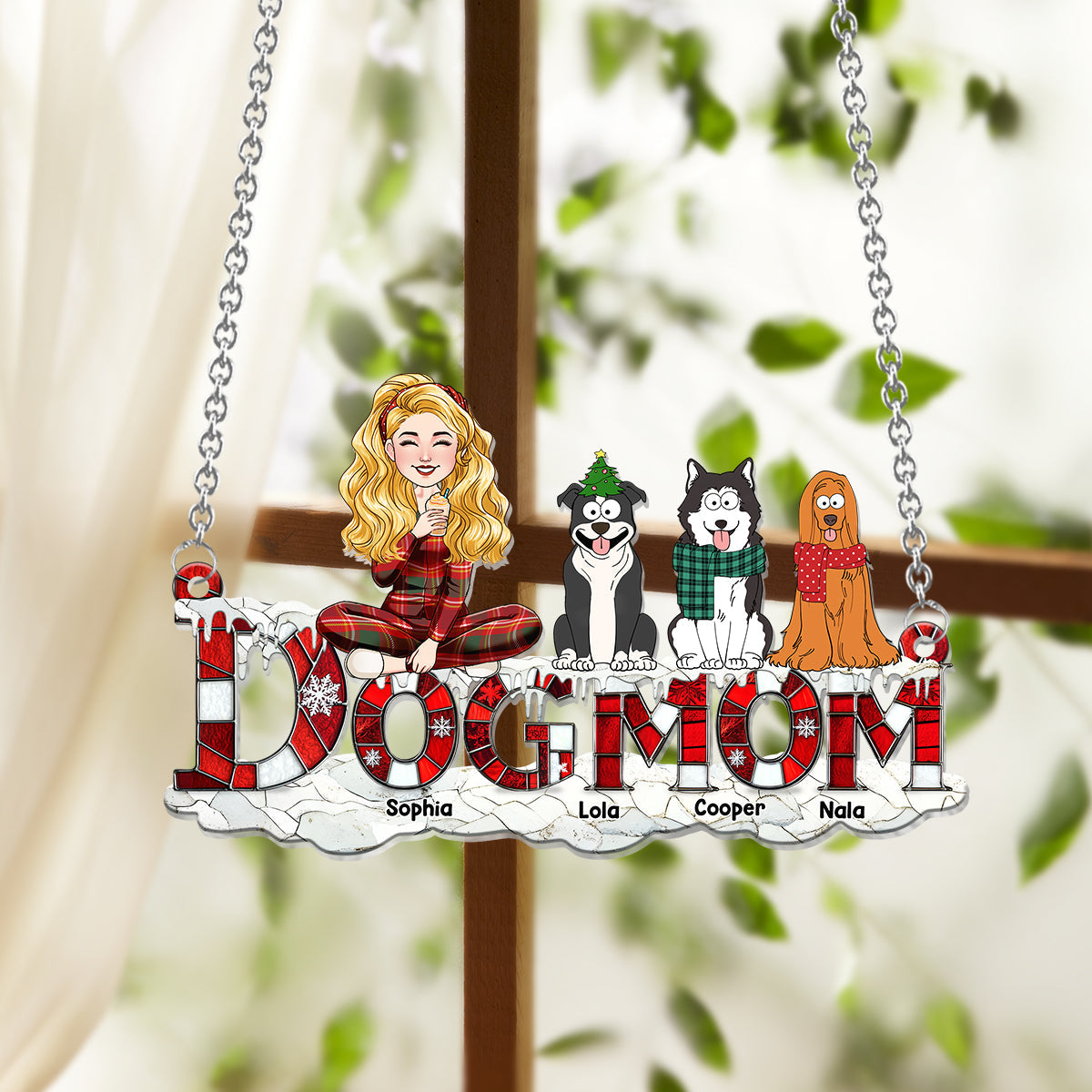 Dog Mom Christmas - Personalized Dog Window Hanging Suncatcher Ornament