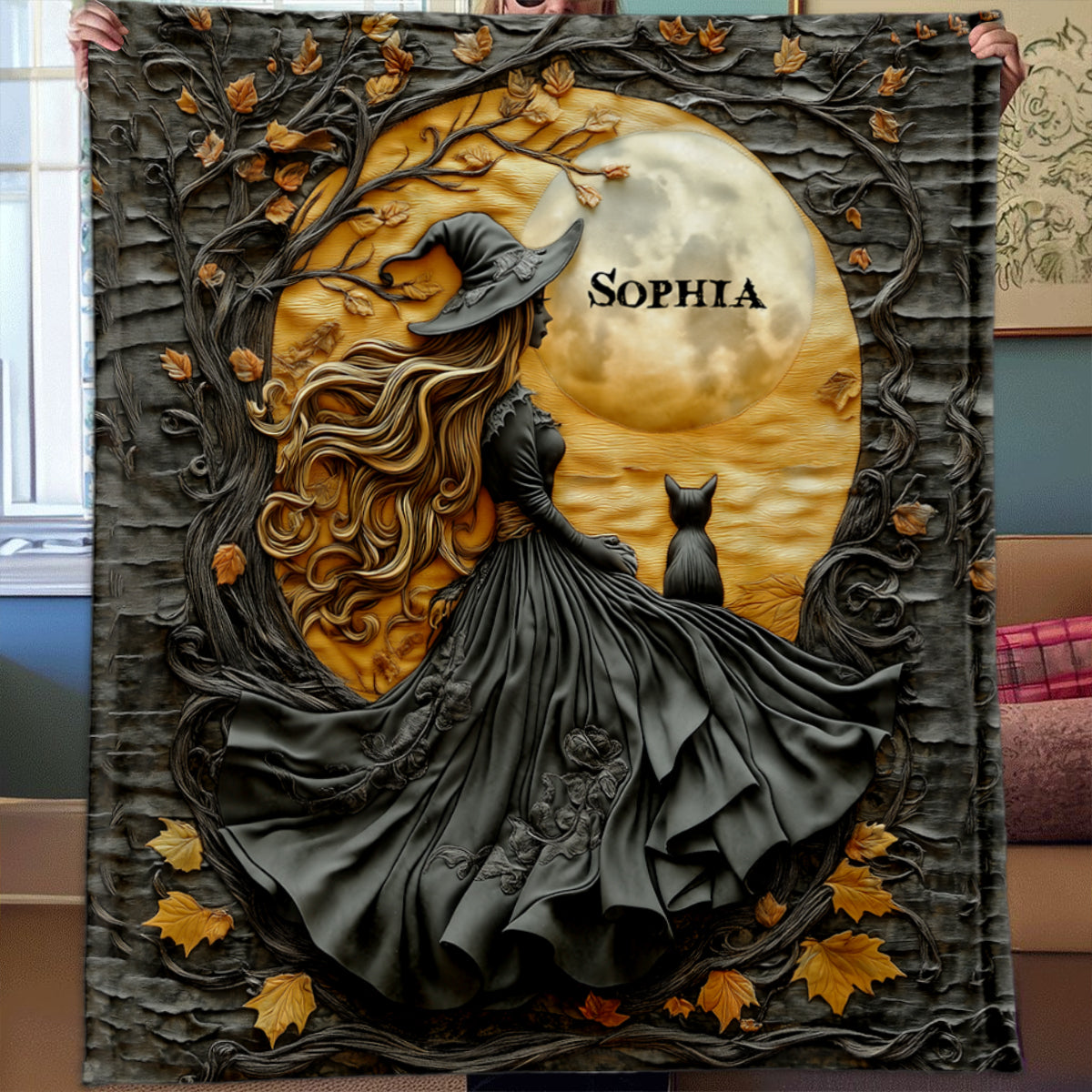 Beautiful Witch & Her Black Cat - Personalized Witch Quilt