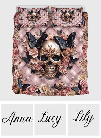 Pink Skull & Black Butterflies - Personalized Skull Quilt Set