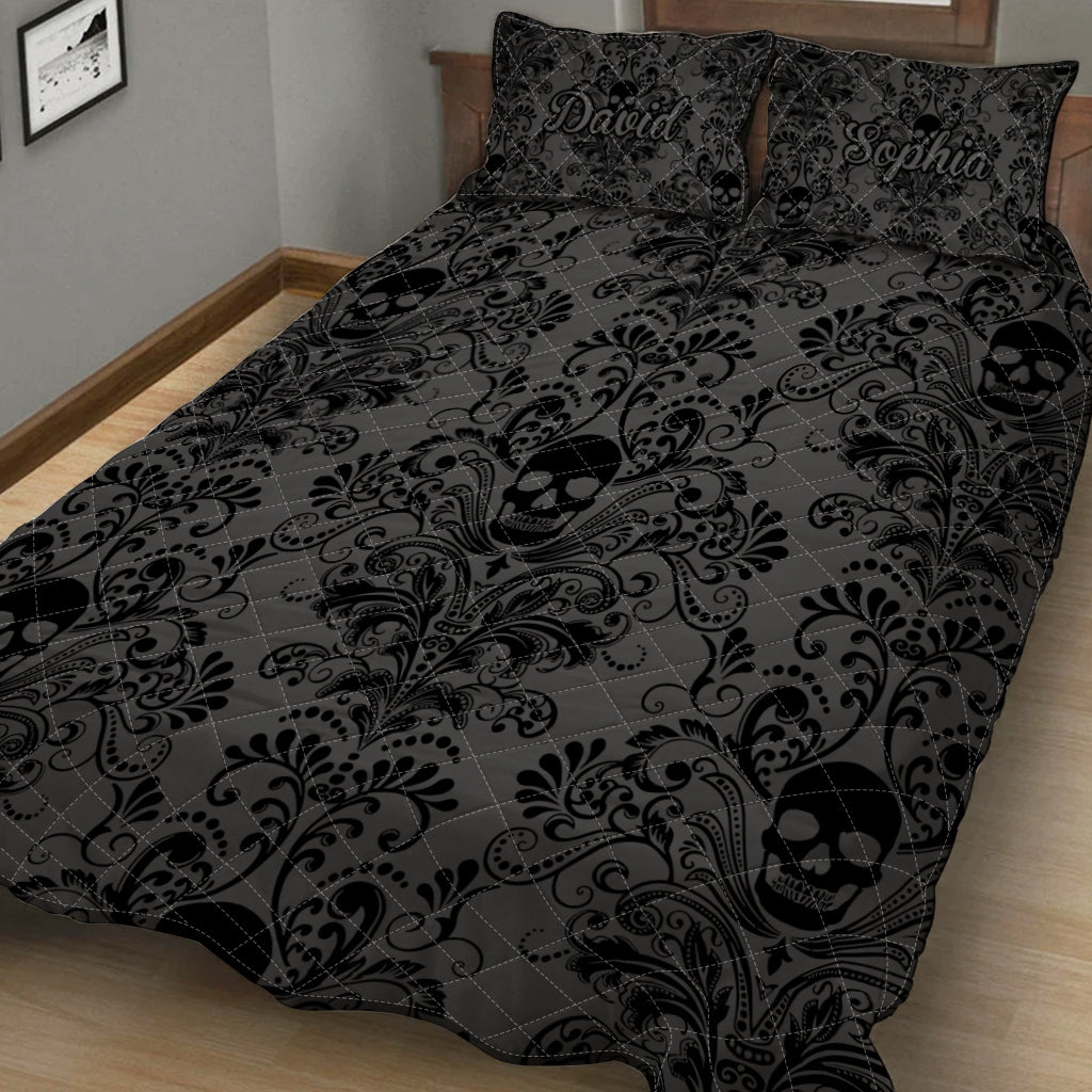 Black & Gray Floral Skull - Personalized Skull Quilt Set