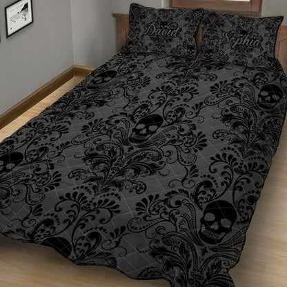 Black & Gray Floral Skull - Personalized Skull Quilt Set