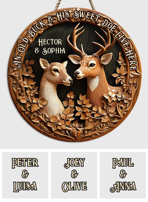Old Buck Sweet Doe - Personalized Hunting Round Wood Sign