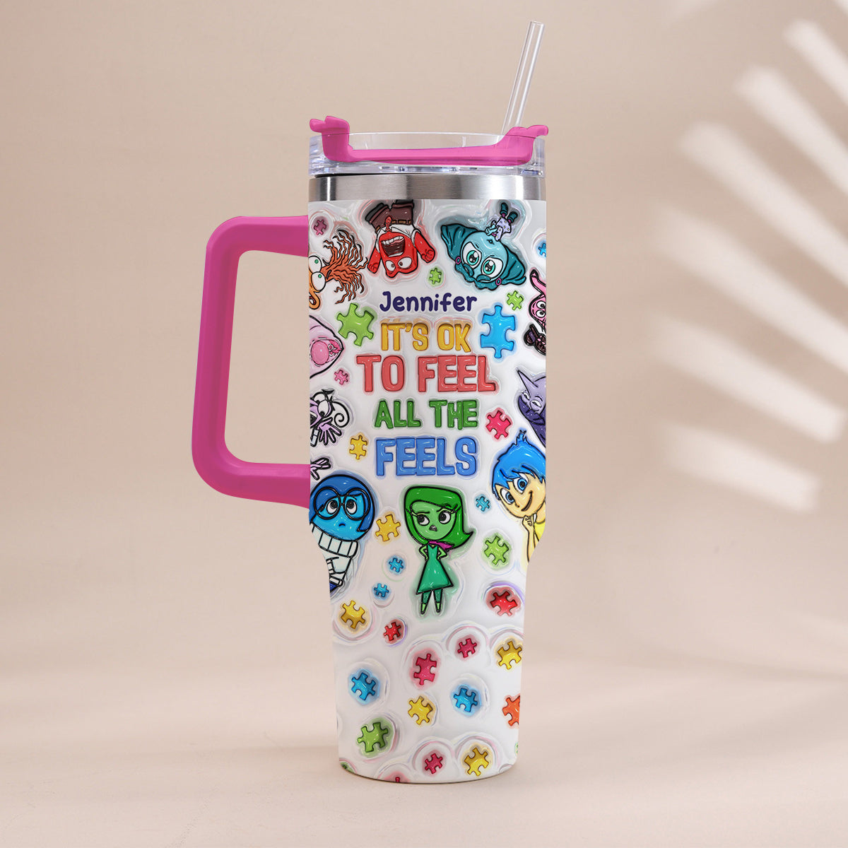 It's Ok To Feel All The Feels - Personalized Autism Awareness Tumbler With Handle