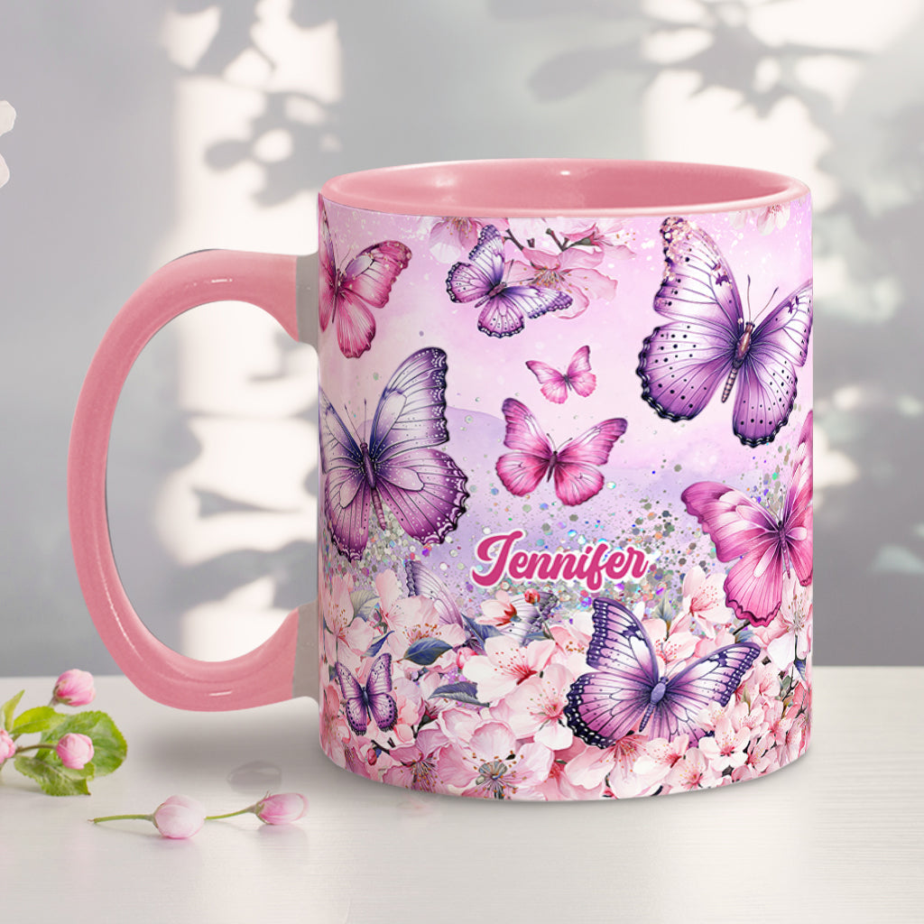 Pink Floral Butterfly - Personalized Butterfly Accent Mug