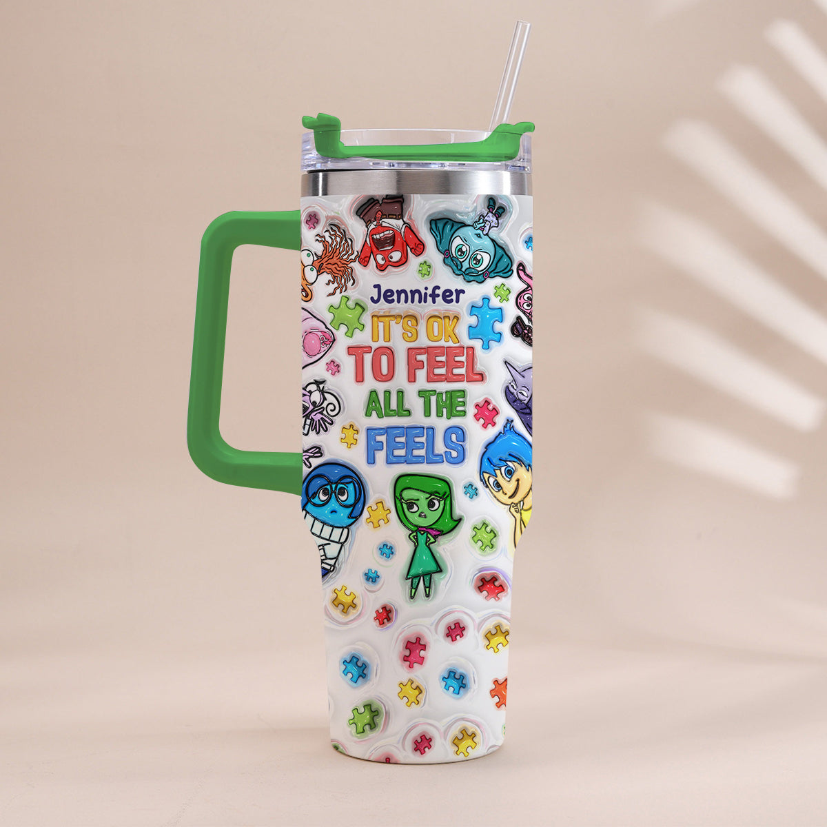 It's Ok To Feel All The Feels - Personalized Autism Awareness Tumbler With Handle