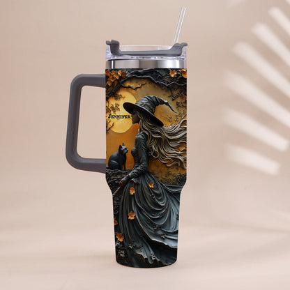 Beautiful Witch & Her Black Cat - Personalized Witch Tumbler With Handle