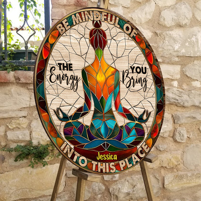 Please Be Mindful - Personalized Yoga Round Wood Sign