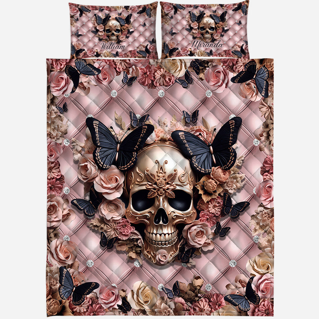 Pink Skull & Black Butterflies - Personalized Skull Quilt Set