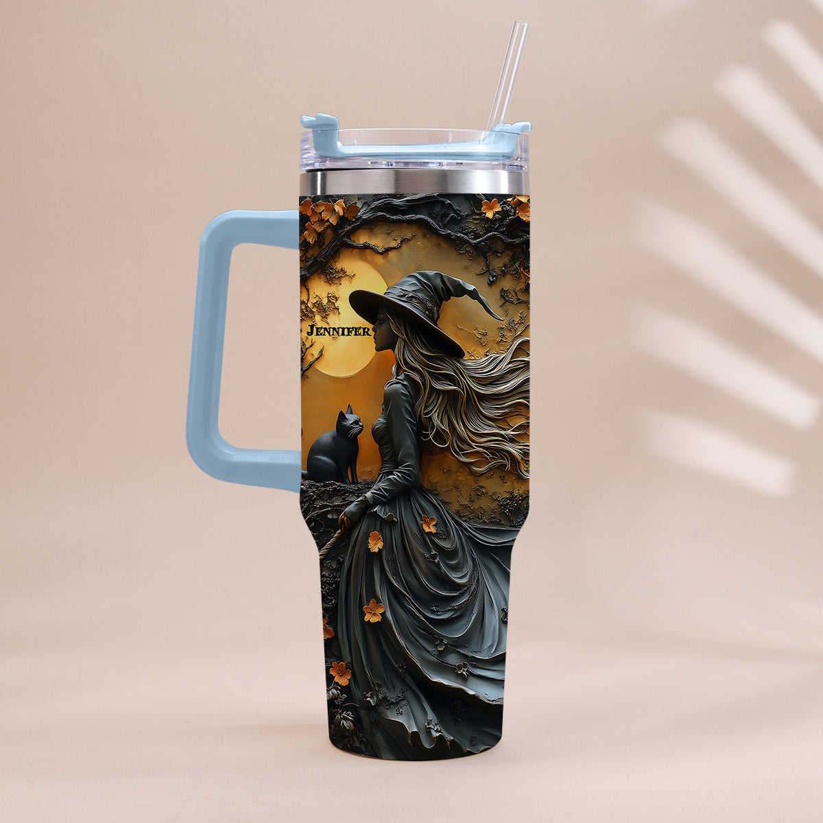 Beautiful Witch & Her Black Cat - Personalized Witch Tumbler With Handle