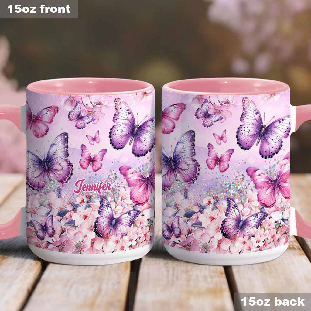 Pink Floral Butterfly - Personalized Butterfly Accent Mug