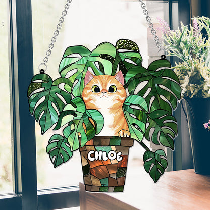 Peeking Cat And Monstera - Personalized Cat Window Hanging Suncatcher Ornament