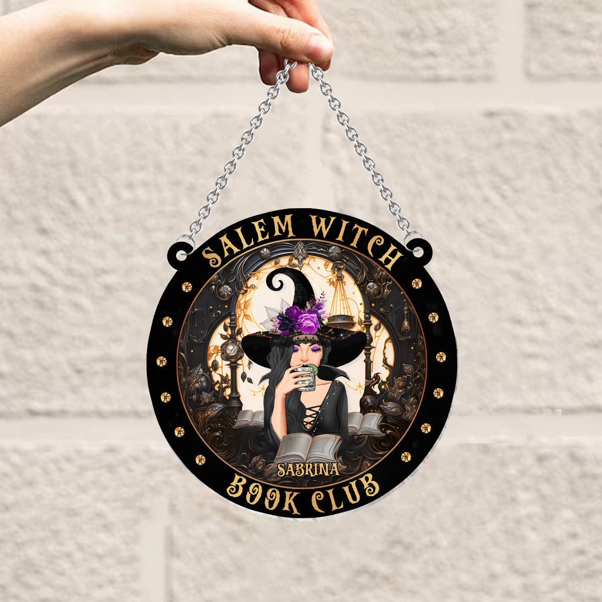 Salem Witch Book Club - Personalized Witch Window Hanging Suncatcher Ornament