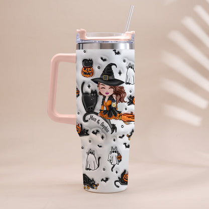 Cute Witch Halloween Ghost Boo Cat - Personalized Witch Tumbler With Handle