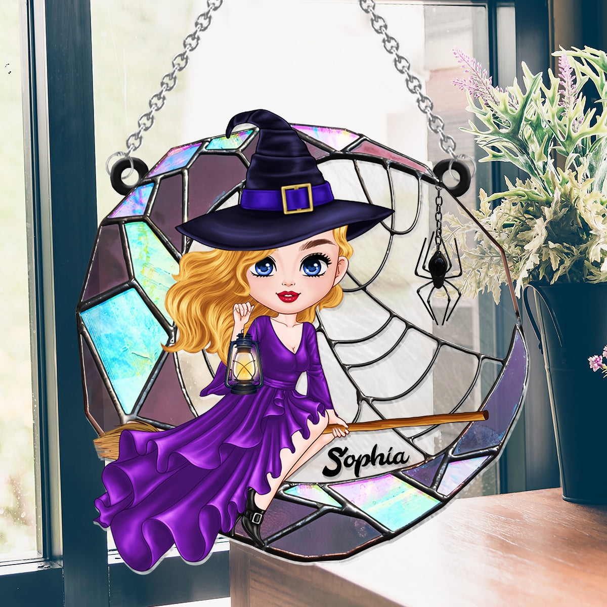 Wicked Witch On The Moon - Personalized Witch Window Hanging Suncatcher Ornament