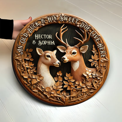 Old Buck Sweet Doe - Personalized Hunting Round Wood Sign