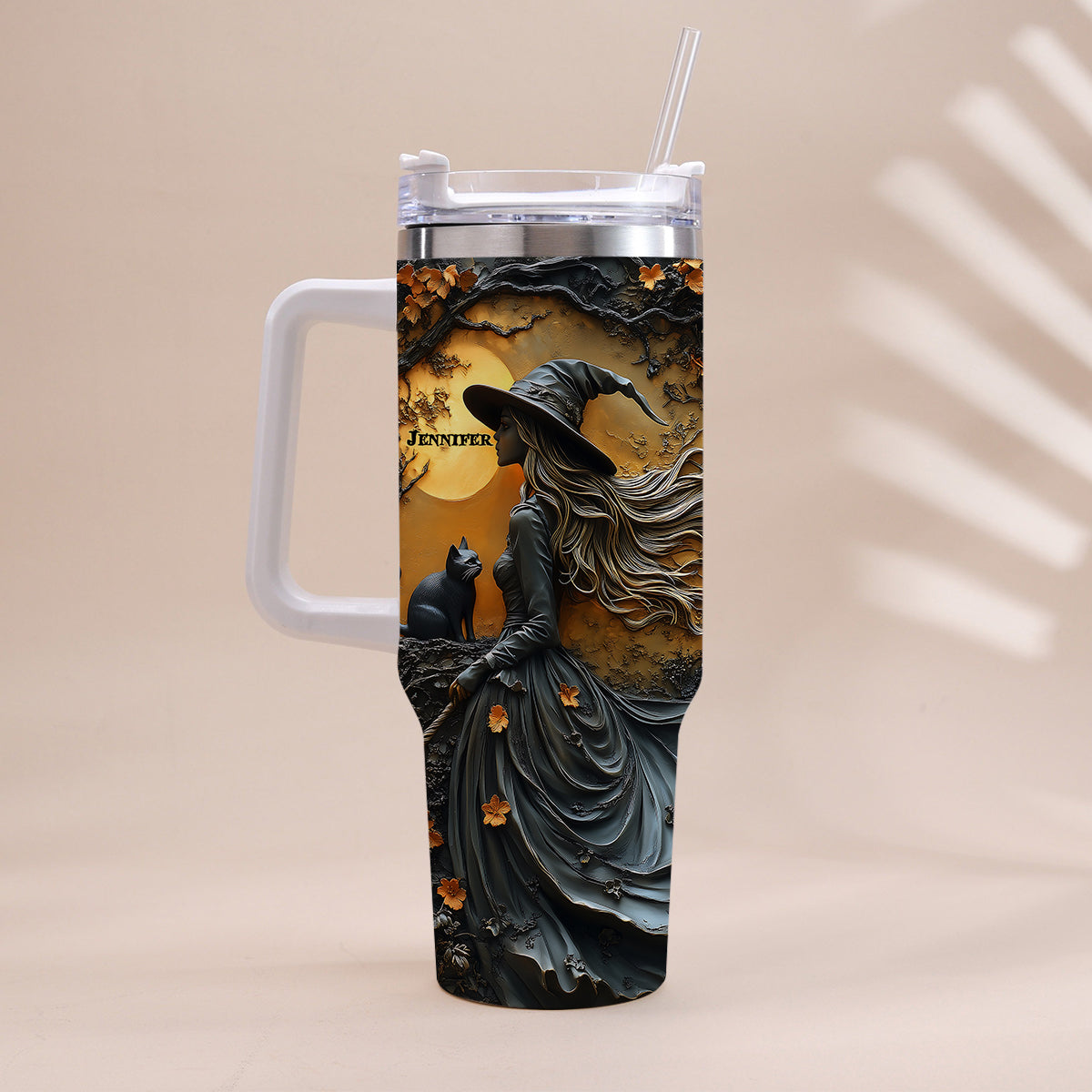 Beautiful Witch & Her Black Cat - Personalized Witch Tumbler With Handle