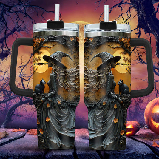 Beautiful Witch & Her Black Cat - Personalized Witch Tumbler With Handle