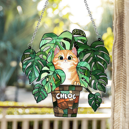 Peeking Cat And Monstera - Personalized Cat Window Hanging Suncatcher Ornament