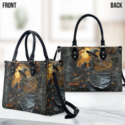 Beautiful Witch & Her Black Cat - Personalized Witch Leather Handbag
