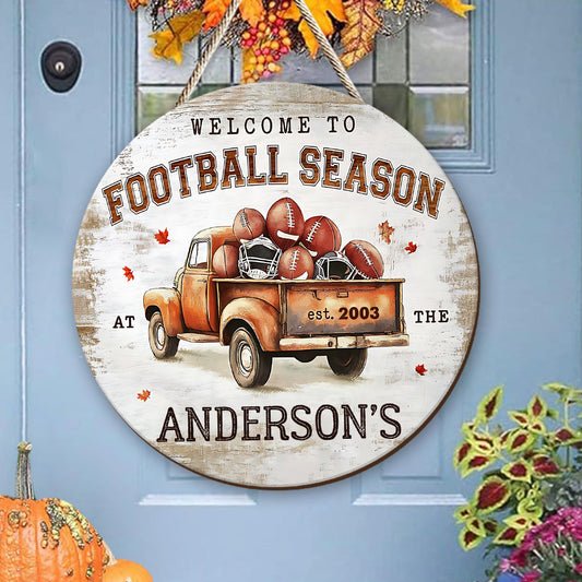Welcome To Football Season - Personalized Football Round Wood Sign