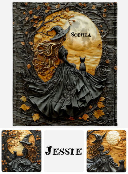 Beautiful Witch & Her Black Cat - Personalized Witch Quilt
