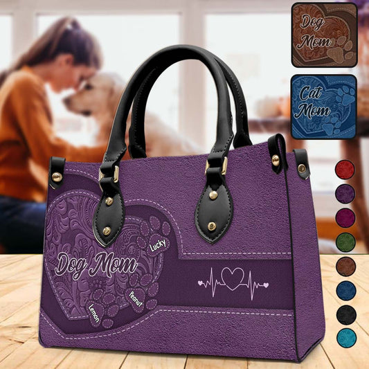 Dog Mom Cat Mom Heart And Paws - Personalized Dog Leather Handbag