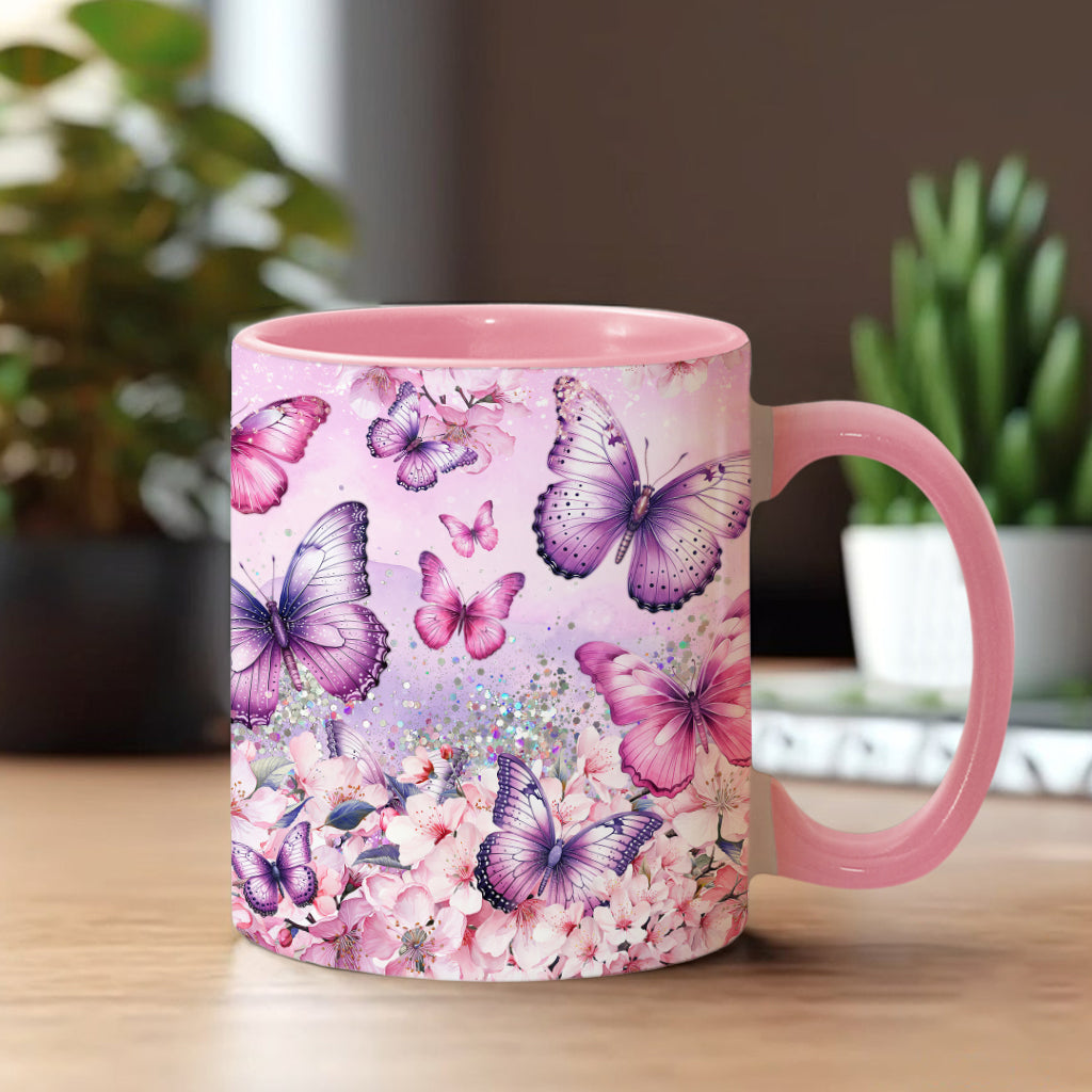 Pink Floral Butterfly - Personalized Butterfly Accent Mug