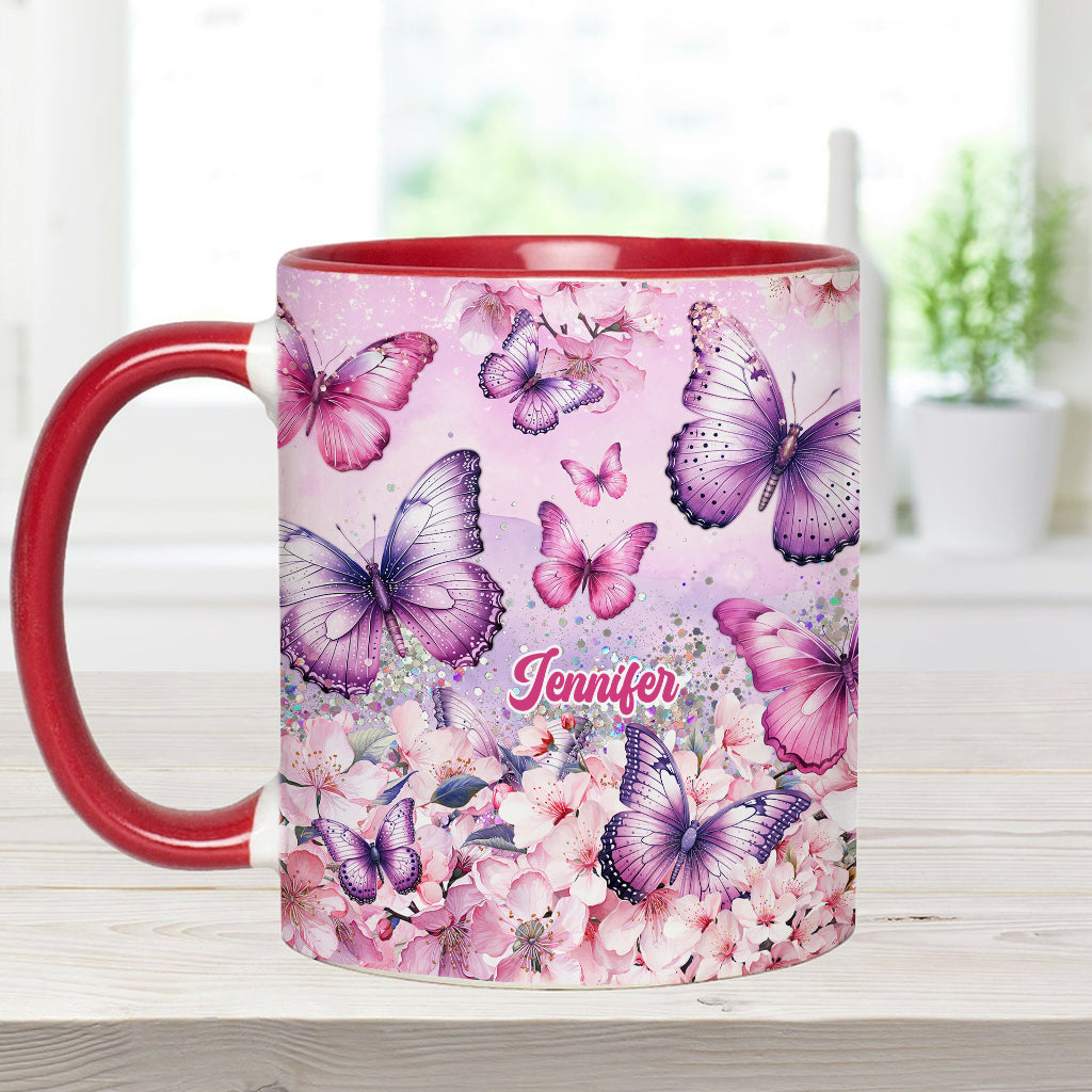 Pink Floral Butterfly - Personalized Butterfly Accent Mug