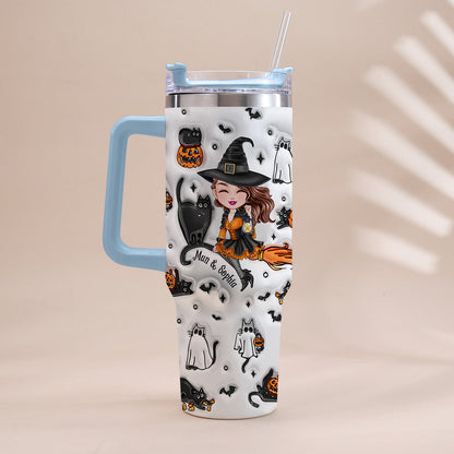 Cute Witch Halloween Ghost Boo Cat - Personalized Witch Tumbler With Handle
