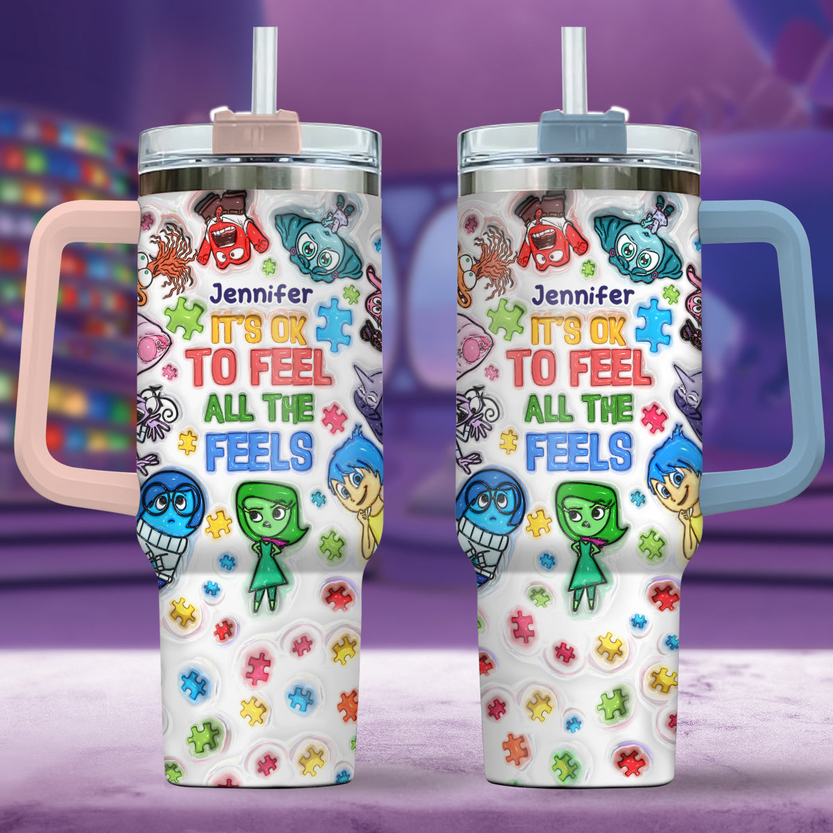 It's Ok To Feel All The Feels - Personalized Autism Awareness Tumbler With Handle