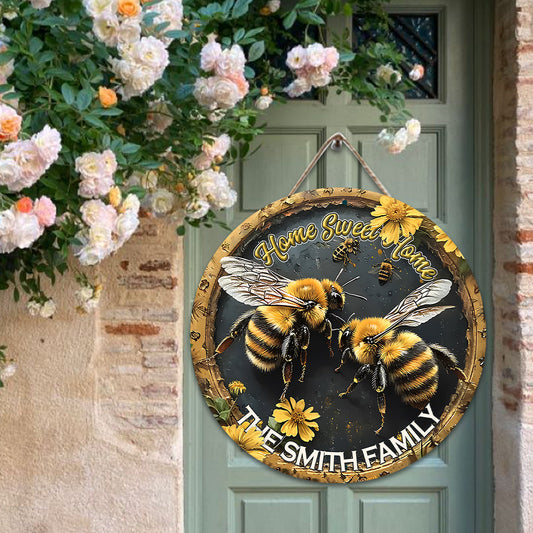 Home Sweet Home - Personalized Bee Round Wood Sign