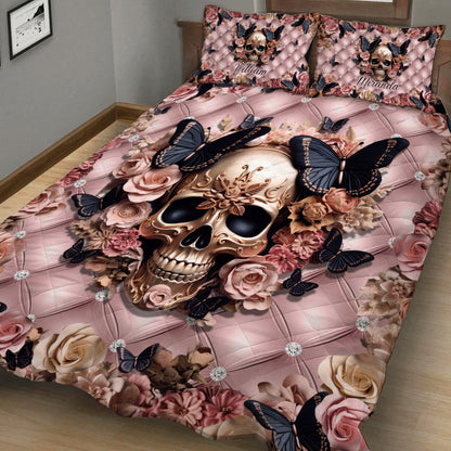 Pink Skull & Black Butterflies - Personalized Skull Quilt Set