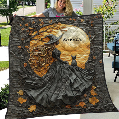Beautiful Witch & Her Black Cat - Personalized Witch Quilt