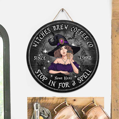 Stop In For A Spell - Personalized Halloween Witch Round Wood Sign