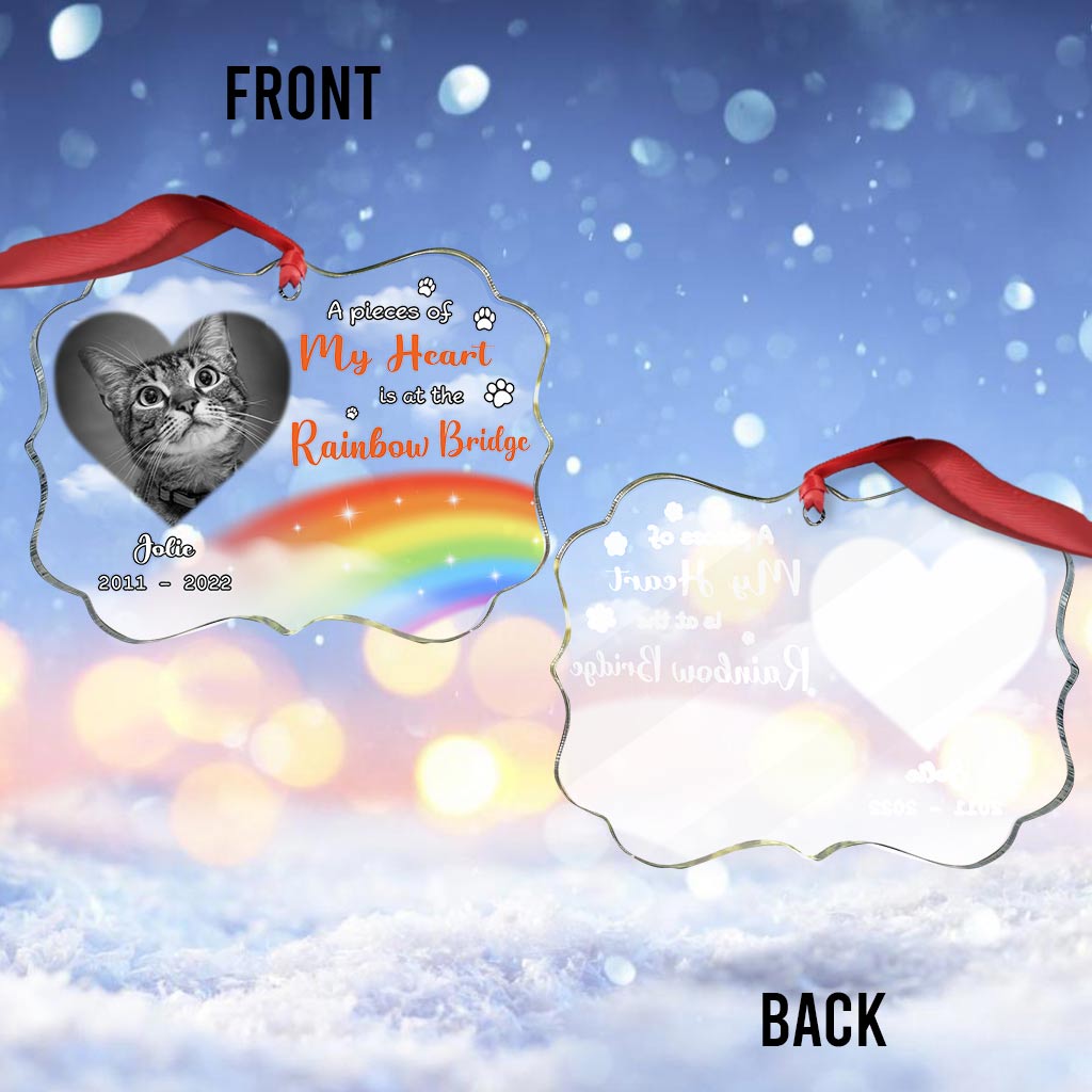 A Piece Of My Heart Is At The Rainbow Bridge - Personalized Christmas Cat Transparent Ornament