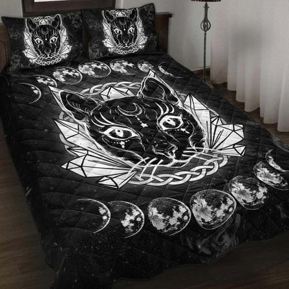Celtic Wicca Wiccan Occult Black Cat -  Witch Quilt Set 0822