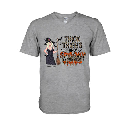 Thick Thighs And Spooky Vibes - Personalized Witch T-shirt and Hoodie