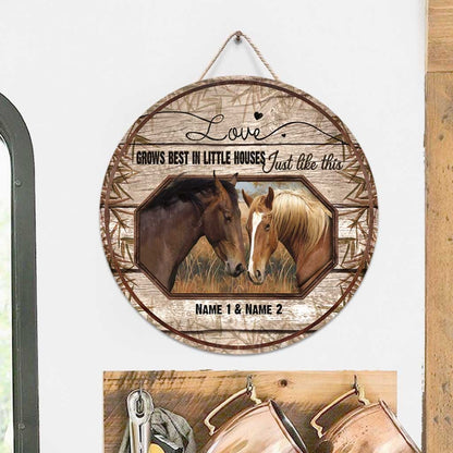 Love Grows Best - Personalized Couple Horse Round Wood Sign