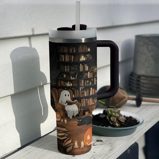 Cute Ghost Reading Tumbler, Halloween Bookish Tumbler Halloween Tumbler With Handle 0924