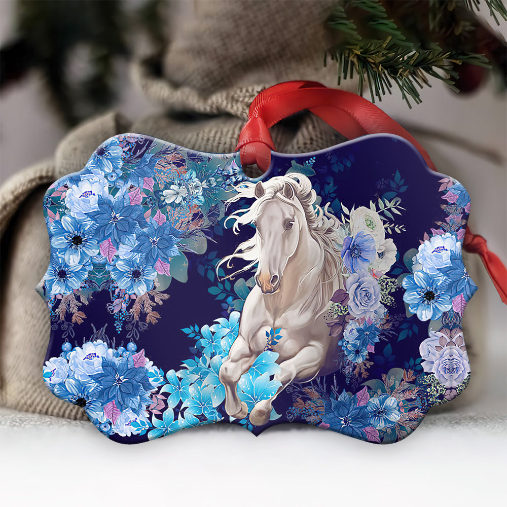 Floral White Horse - Horse Ornament (Printed On Both Sides) 1022