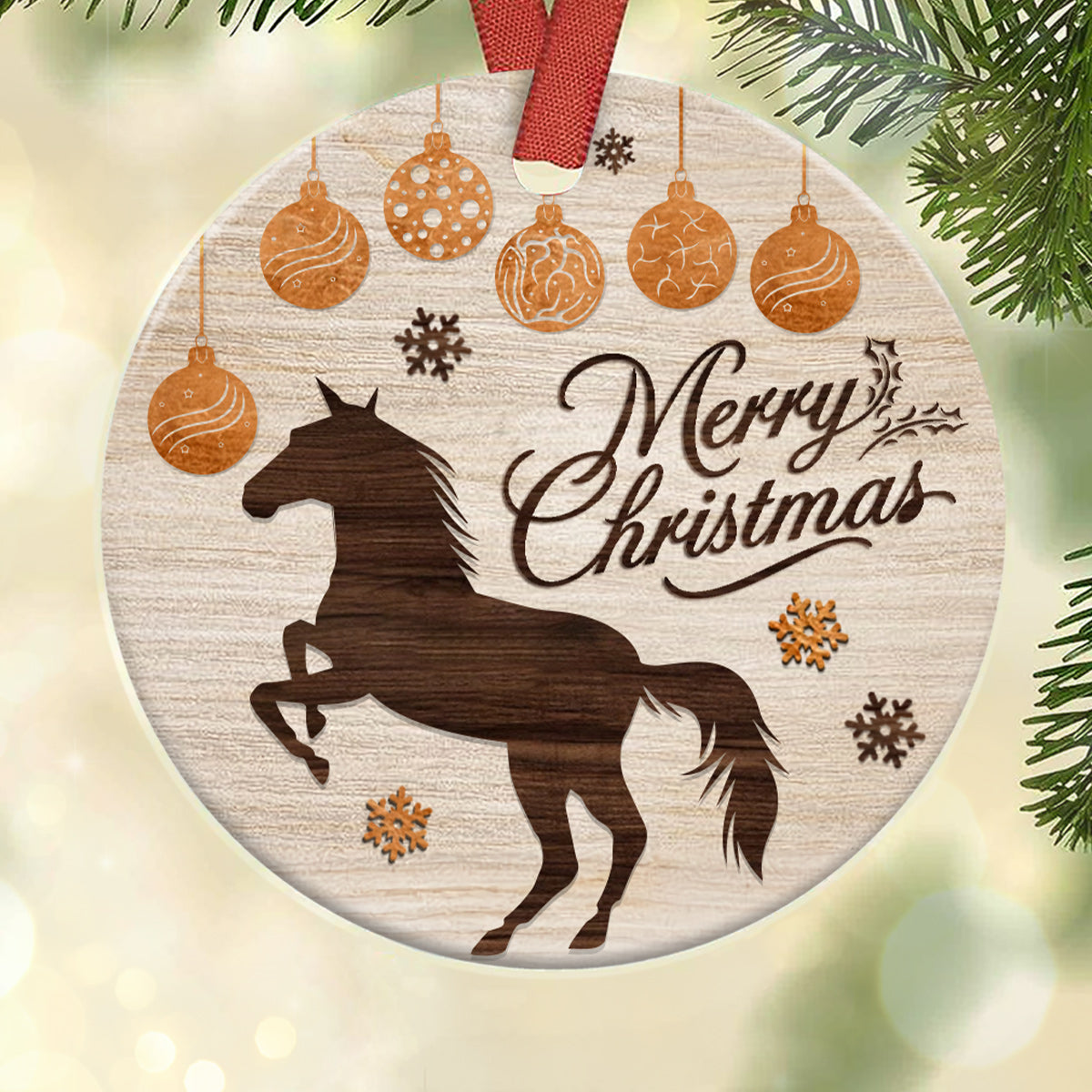Horse Wooden Style Merry Christmas - Horse Ornament (Printed On Both Sides) 1022