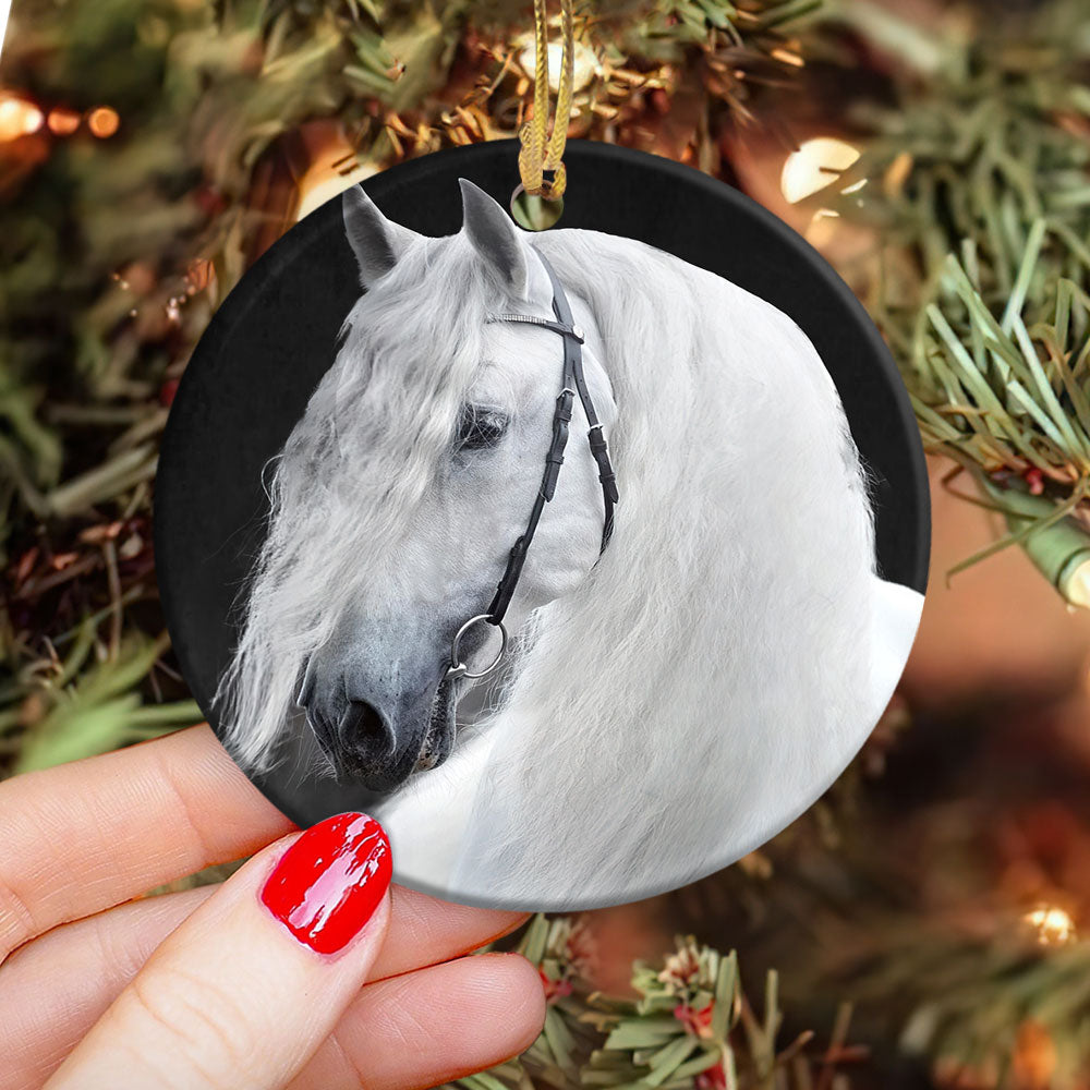 Horse White In Black - Horse Ornament (Printed On Both Sides) 1022